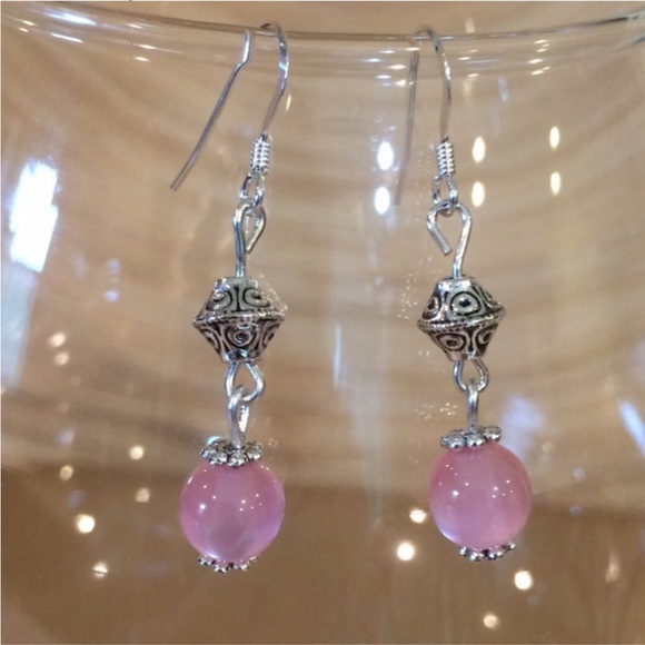New Pink Cats Eye & Tibetan Silver Drop Earrings - Picture 1 of 1
